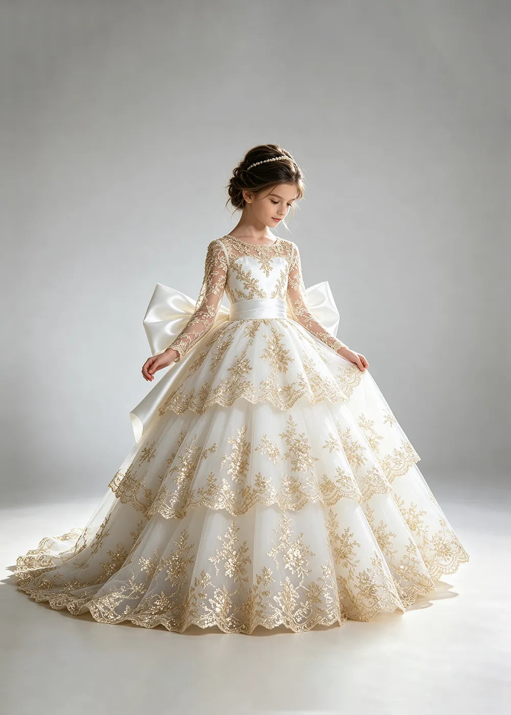 Long Sleeve Lace Flower Girl Dress with Sash Bow and Tiered Skirt