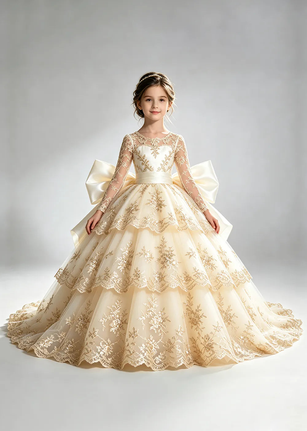 Long Sleeve Lace Flower Girl Dress with Sash Bow and Tiered Skirt