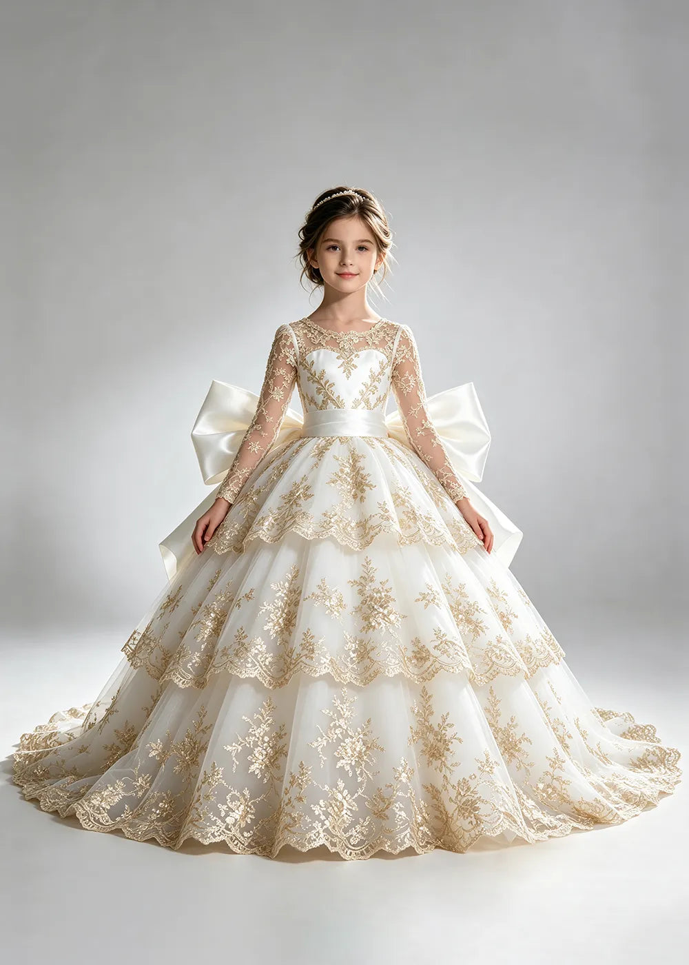 Long Sleeve Lace Flower Girl Dress with Sash Bow and Tiered Skirt