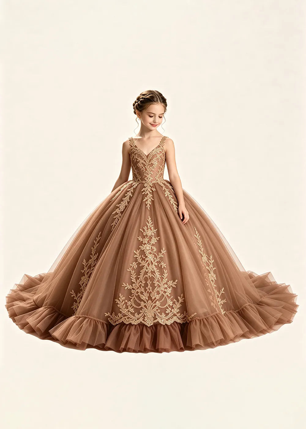 Gold Appliqué V-Neck Princess Dress for Girls