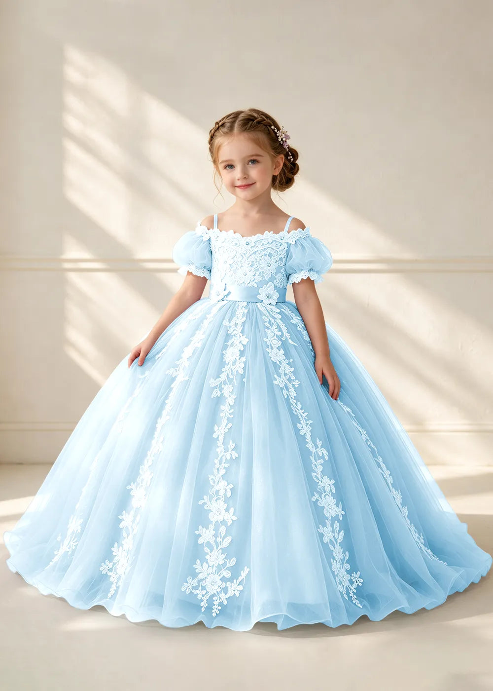 Puff Sleeve Floral Lace Princess Dress for Girls