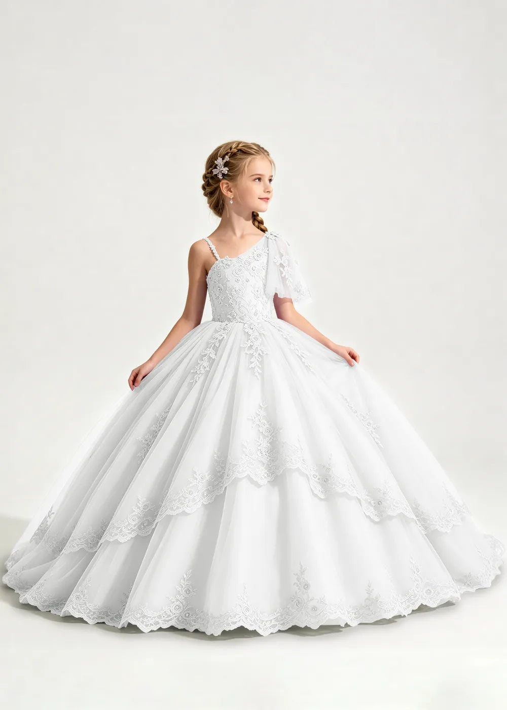 One-Shoulder Floral Lace Princess Dress for Girls