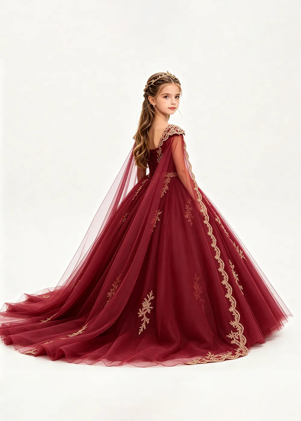 Gold Appliqué Cape Princess Dress for Girls