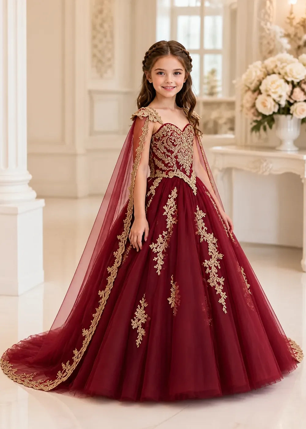 Gold Appliqué Cape Flower Girl Ball Gown Dress