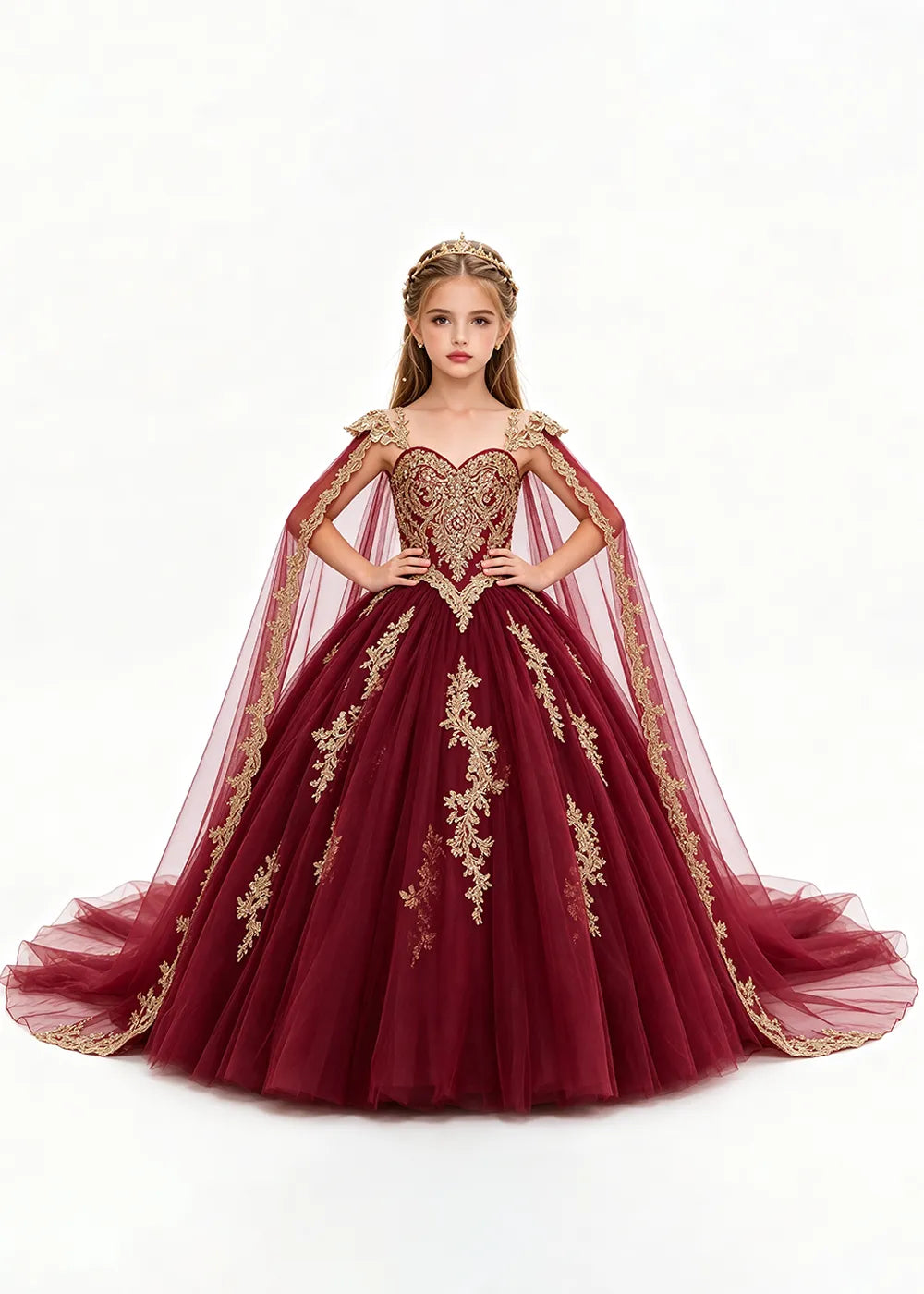 Gold Appliqué Cape Flower Girl Ball Gown Dress