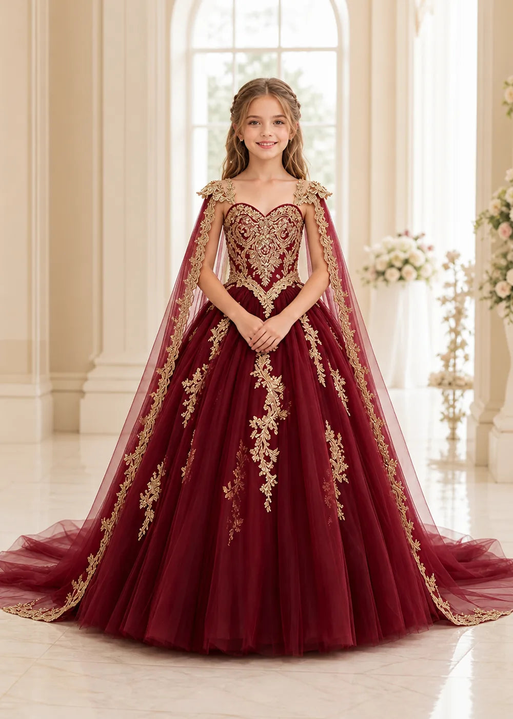 Gold Appliqué Cape Flower Girl Ball Gown Dress