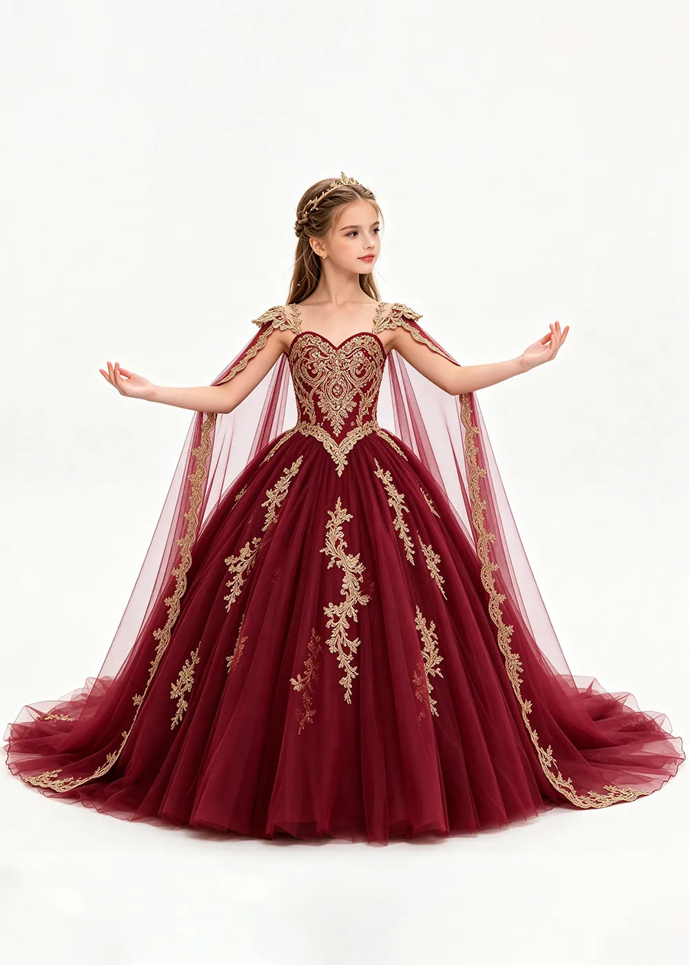 Gold Appliqué Cape Flower Girl Ball Gown Dress