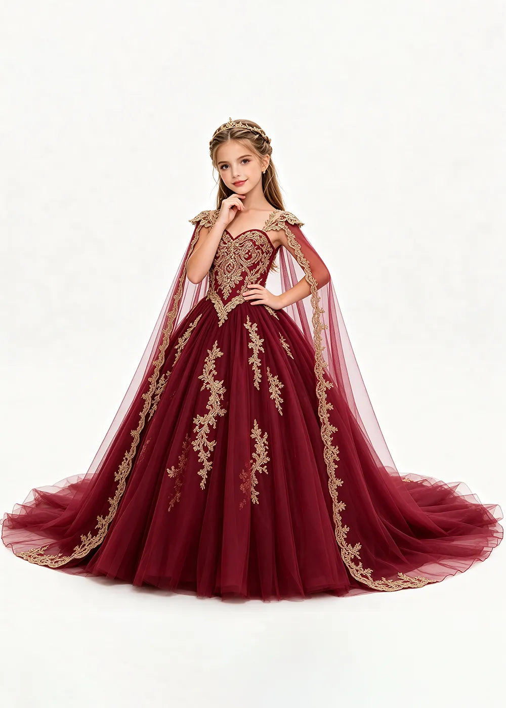 Gold Appliqué Cape Flower Girl Ball Gown Dress