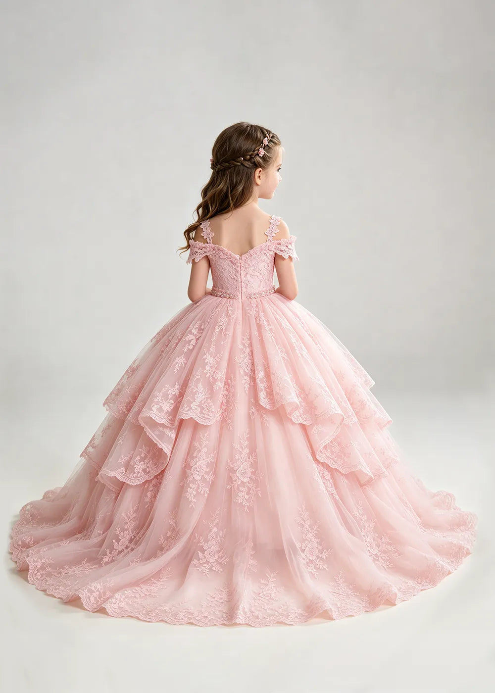 Bow Waist Floral Lace Flower Girl Ball Gown Dress