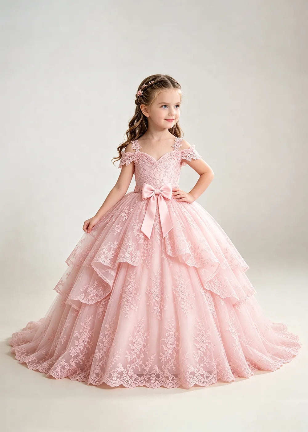 Bow Waist Floral Lace Flower Girl Ball Gown Dress
