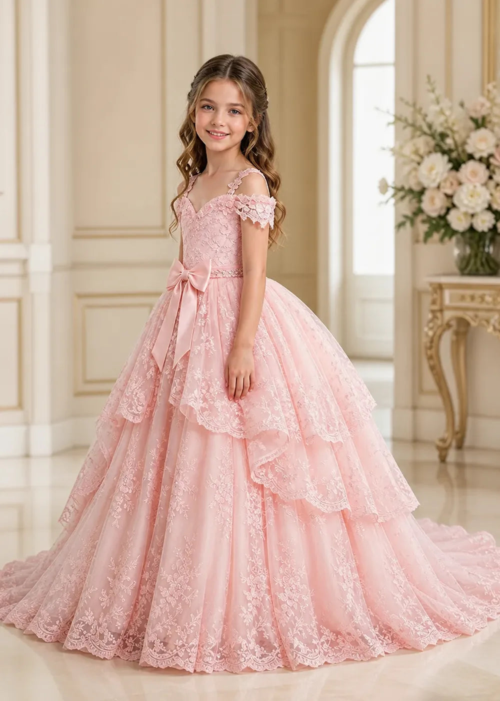 Bow Waist Floral Lace Flower Girl Ball Gown Dress