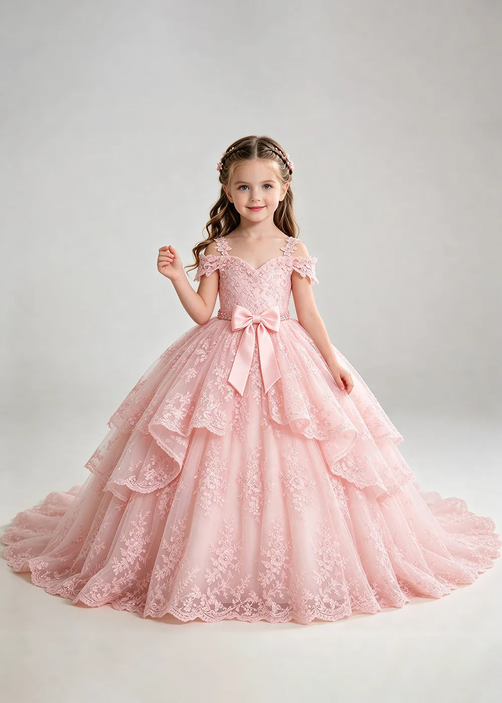 Bow Waist Floral Lace Flower Girl Ball Gown Dress