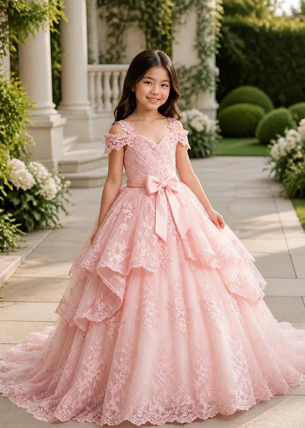 Bow Waist Floral Lace Flower Girl Ball Gown Dress