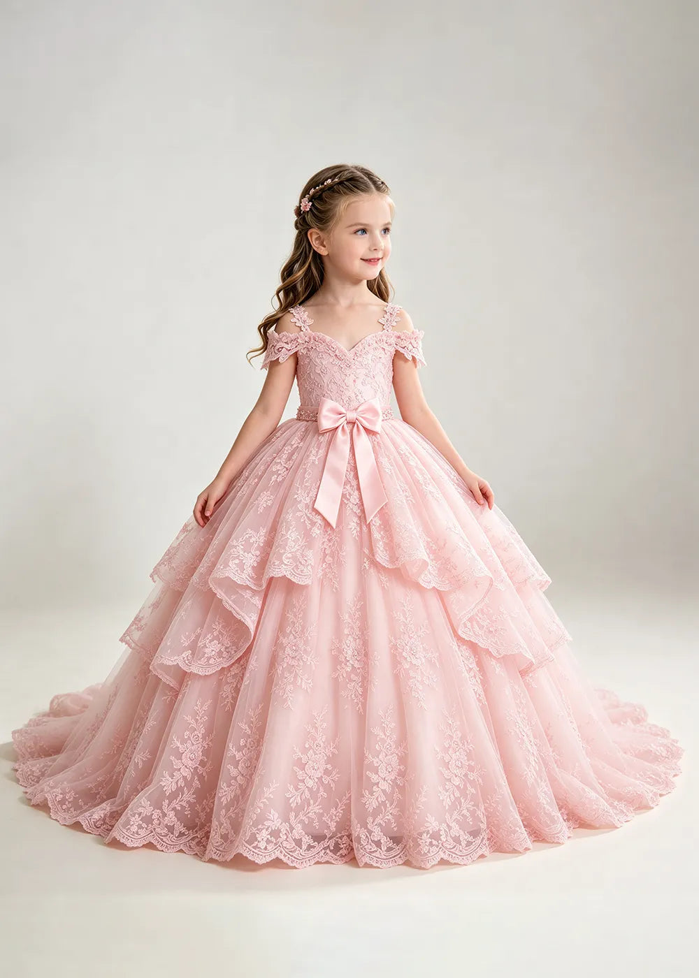 Bow Waist Floral Lace Flower Girl Ball Gown Dress