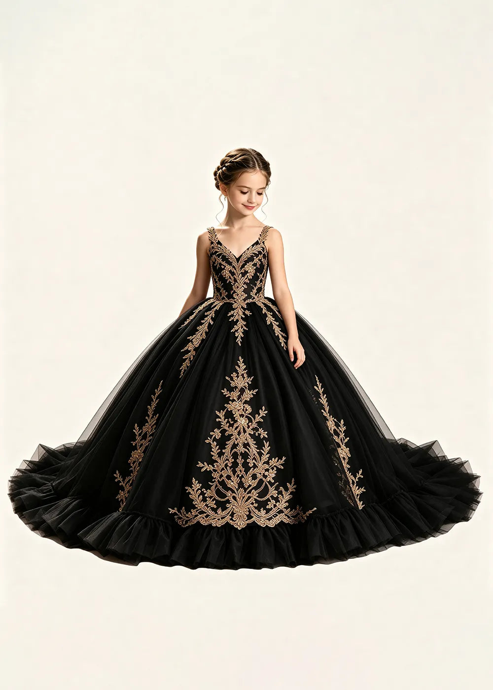 Gold Appliqué V-Neck Princess Dress for Girls