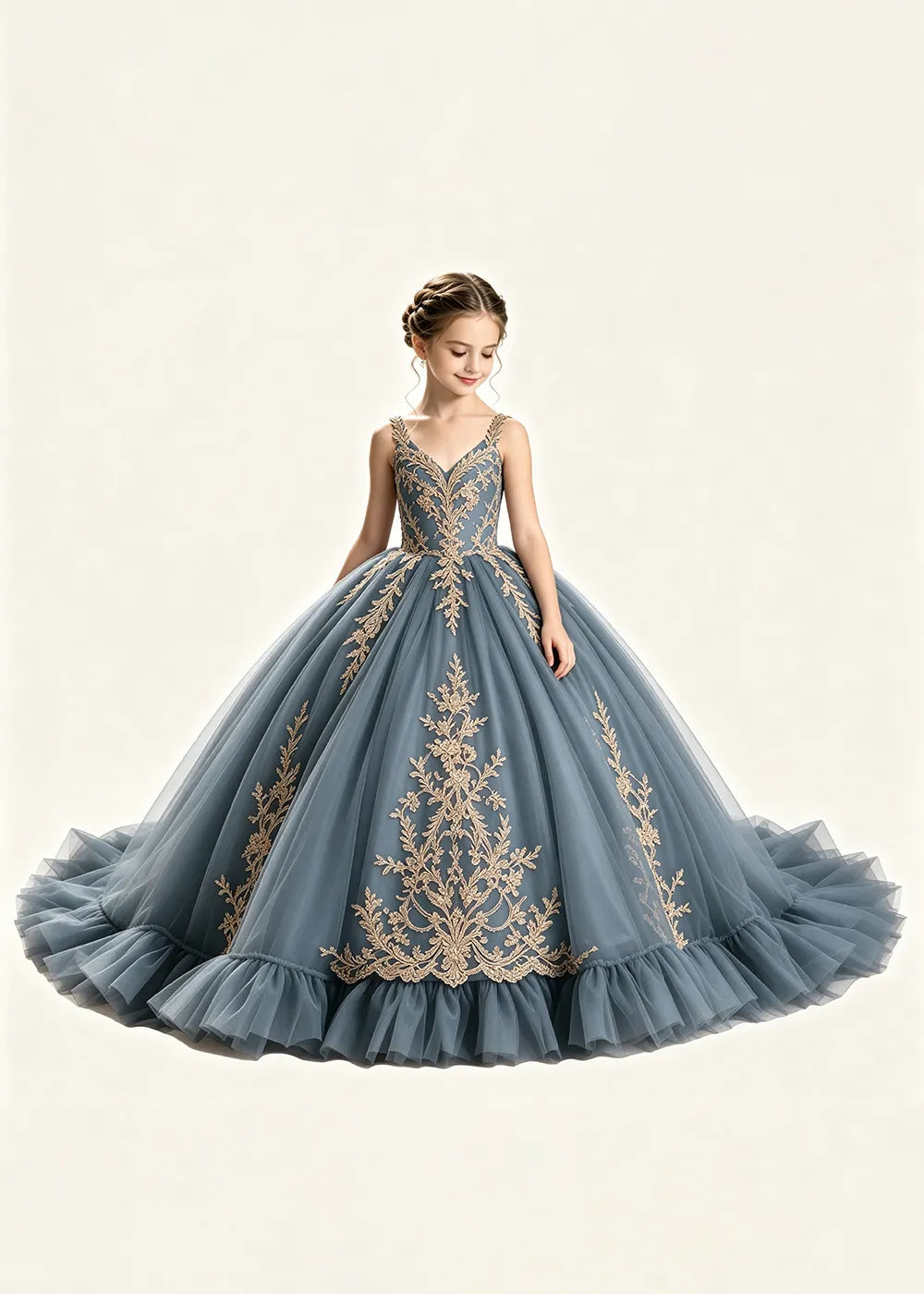 Gold Appliqué V-Neck Flower Girl Ball Gown Dress