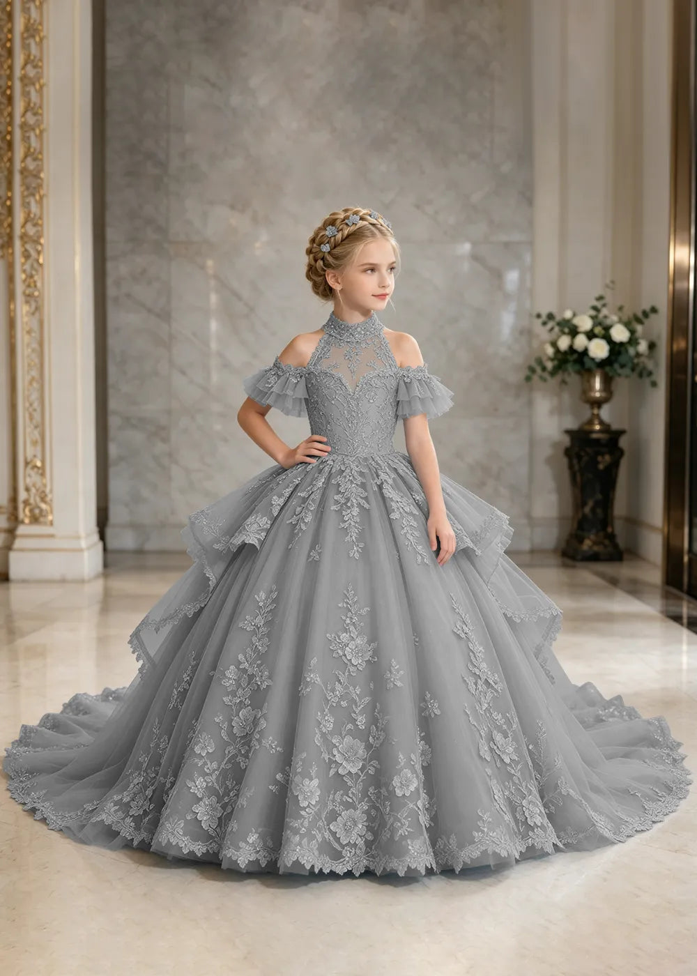 Illusion Neck Peplum Lace Princess Dress for Girls