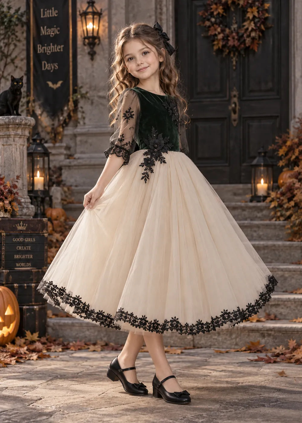 Detail view of the dark green, cream, and black flower girl dress.