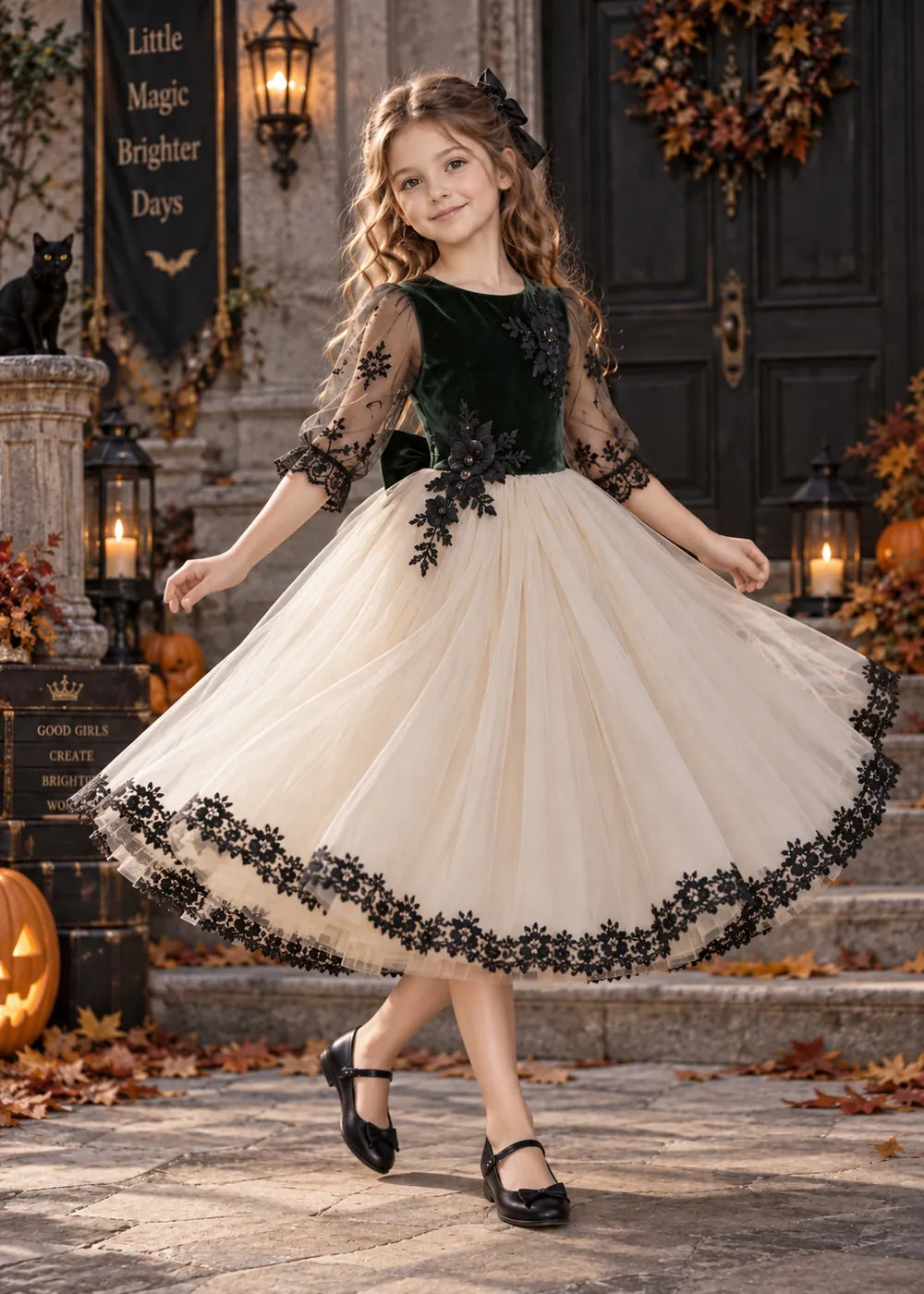 Detail view of the dark green, cream, and black flower girl dress.