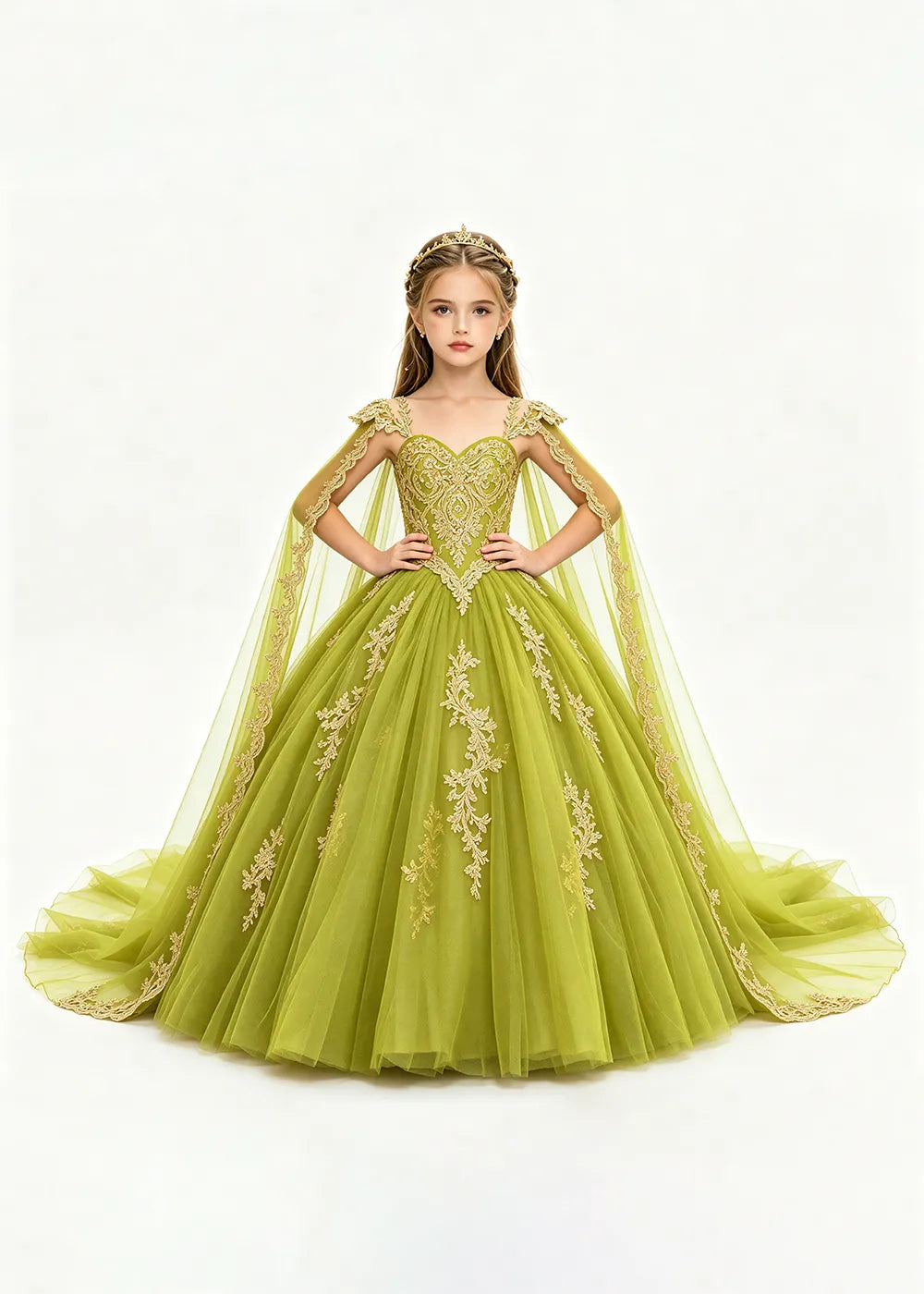 Gold Appliqué Cape Flower Girl Ball Gown Dress