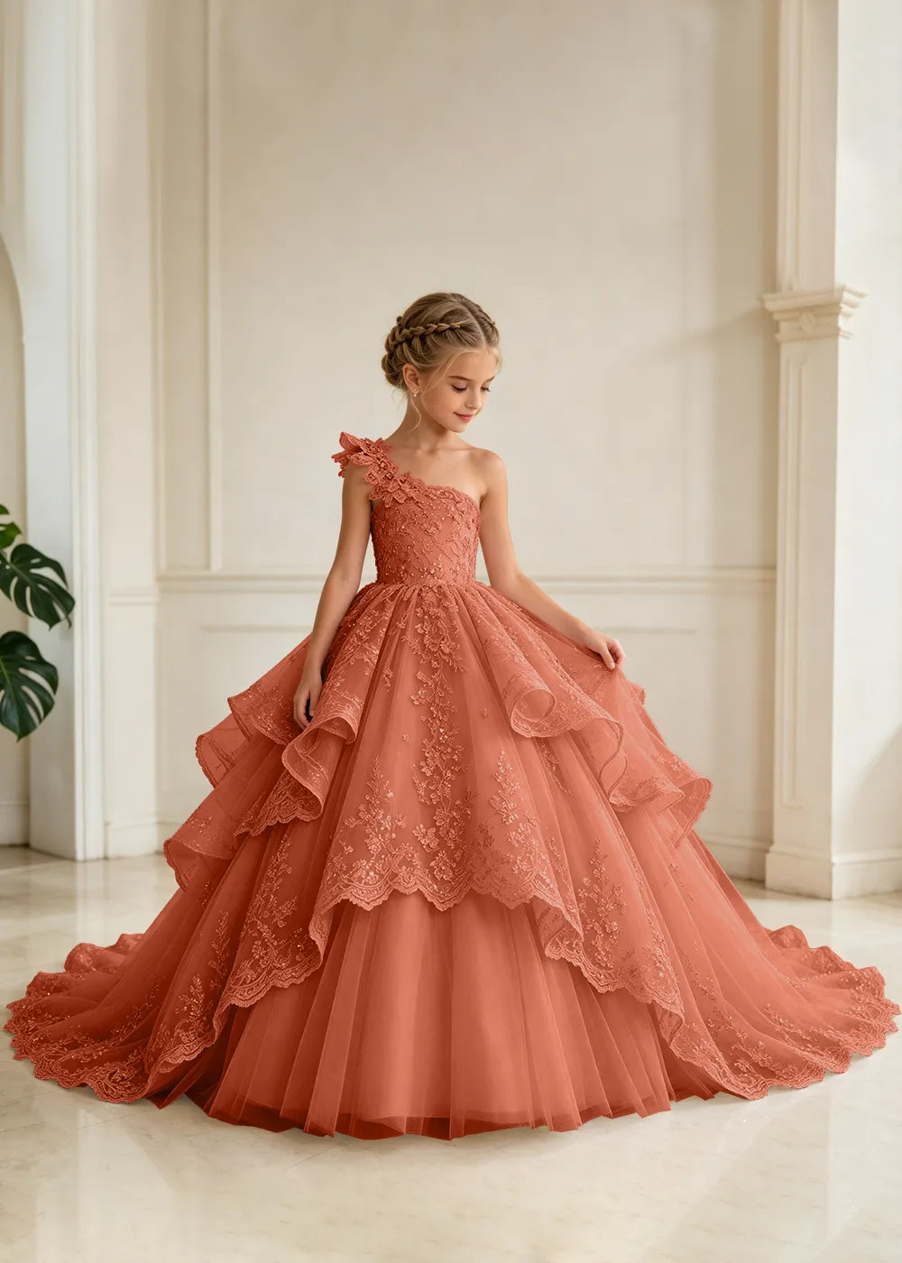 Floral Strap Tiered Lace Princess Dress for Girls
