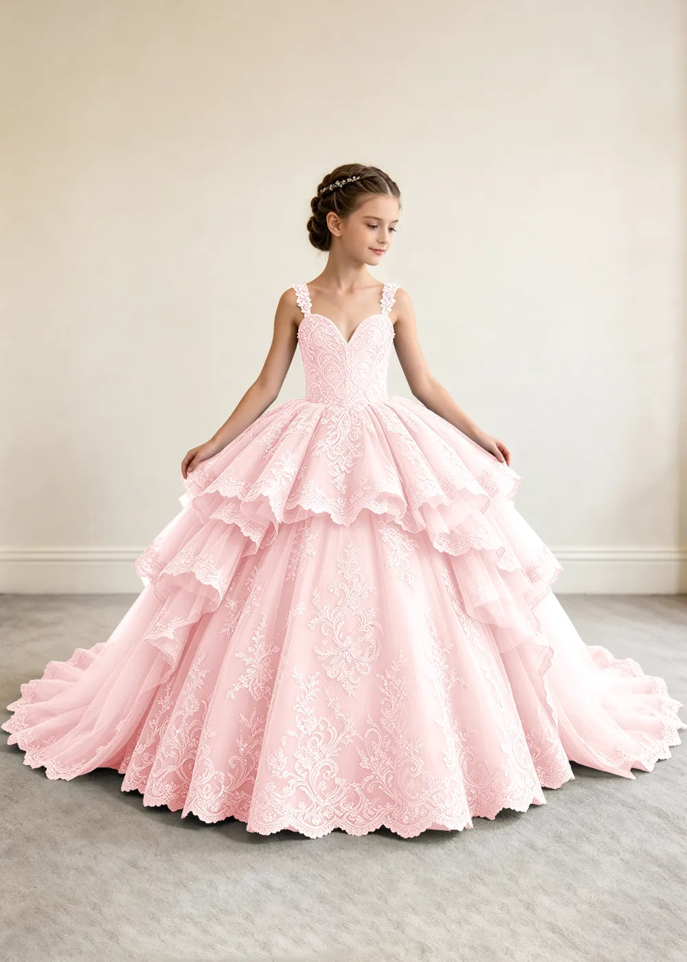 V-Neck Tiered Lace Princess Dress for Girls