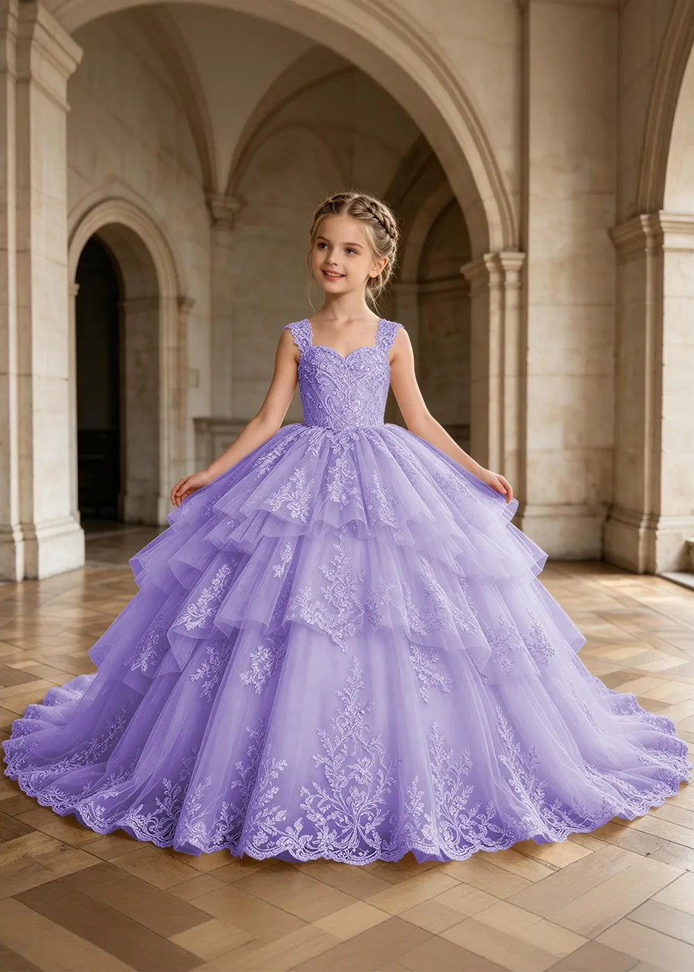 Tiered Lace Sleeveless Flower Girl Ball Gown Dress