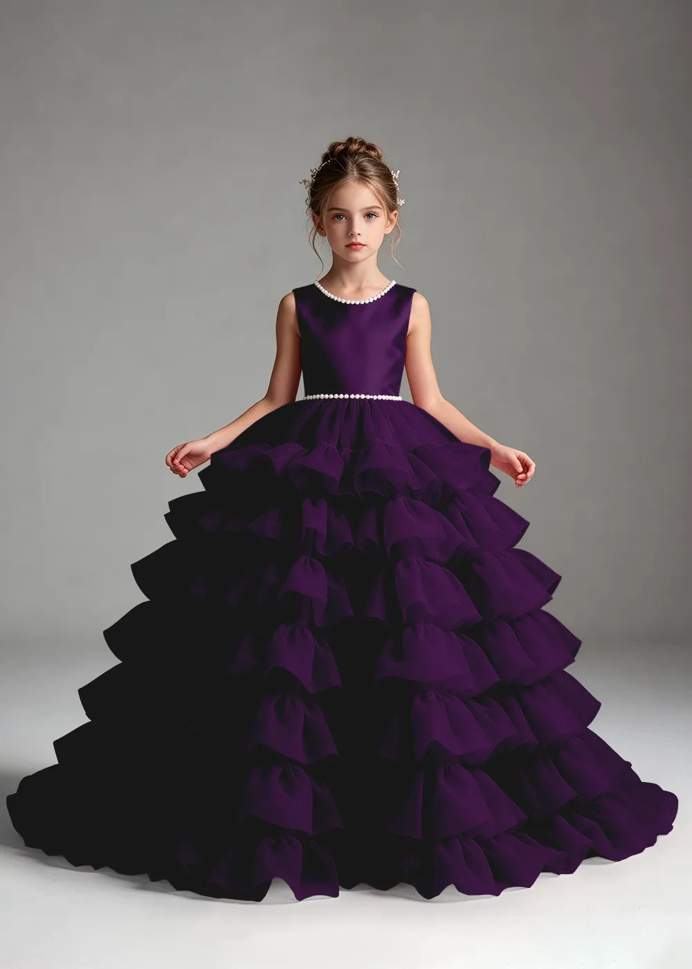Royal Blue Pearl-Trimmed Tiered Ruffle Flower Girl Dress