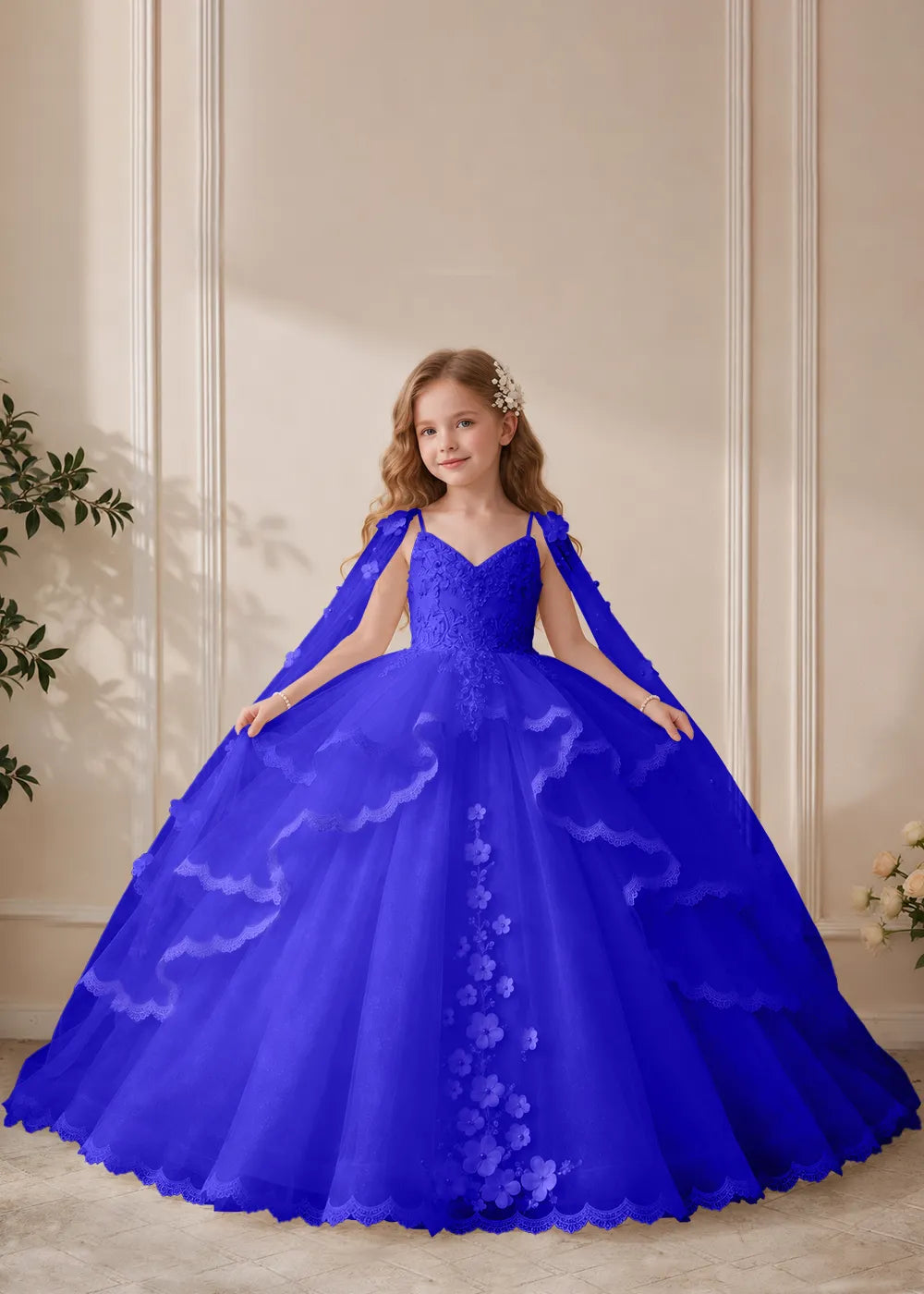 Dusty Rose Flower Girl Dress with Floral Lace and Shoulder Drapes