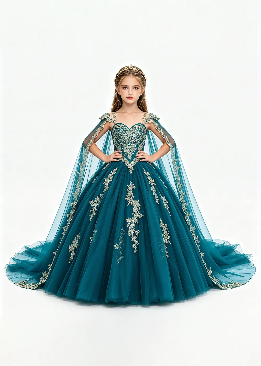 Gold Appliqué Cape Flower Girl Ball Gown Dress