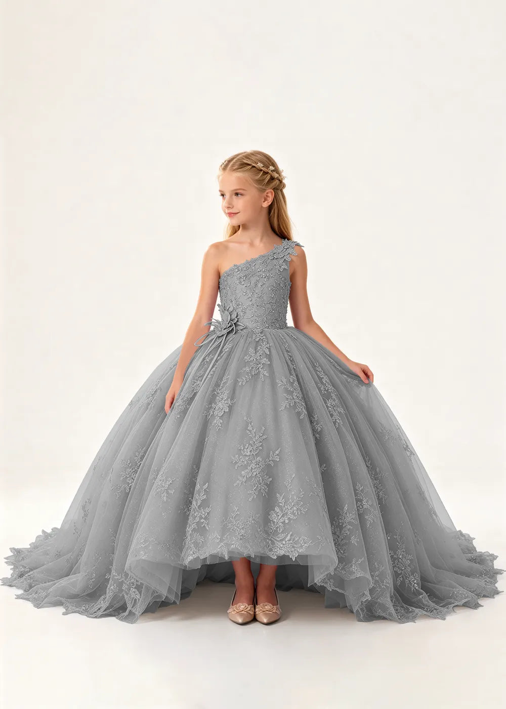 One-Shoulder High-Low Lace Princess Dress for Girls