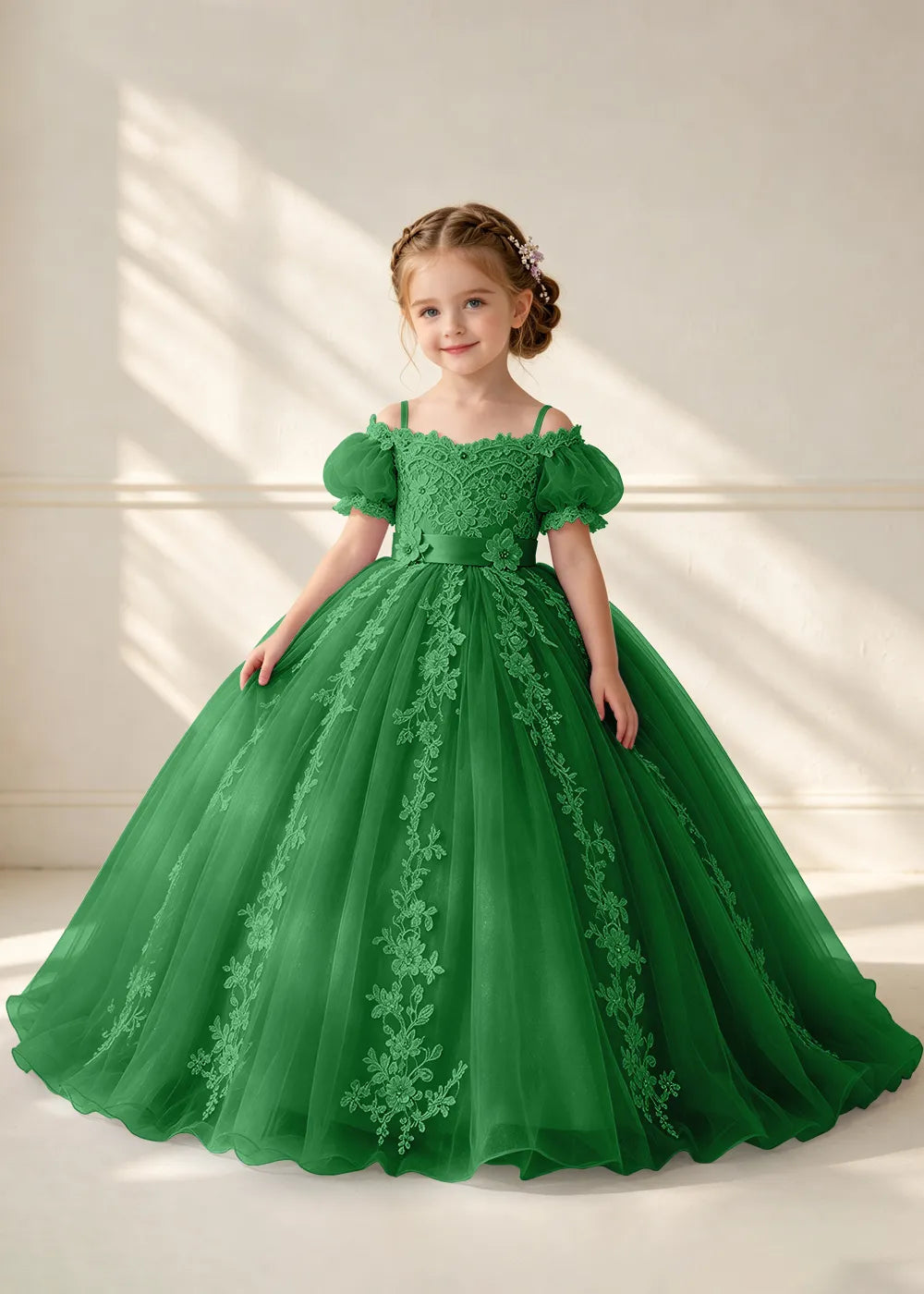 Puff Sleeve Floral Lace Flower Girl Ball Gown Dress