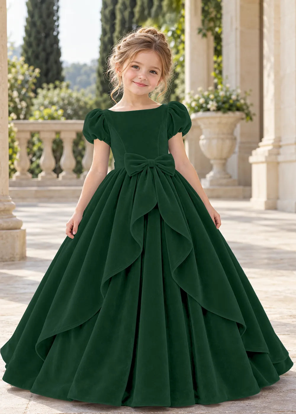 Front view of a child wearing a deep green flower girl dress with a square neckline, short puff sleeves and a large velvet bow above a full tiered skirt.