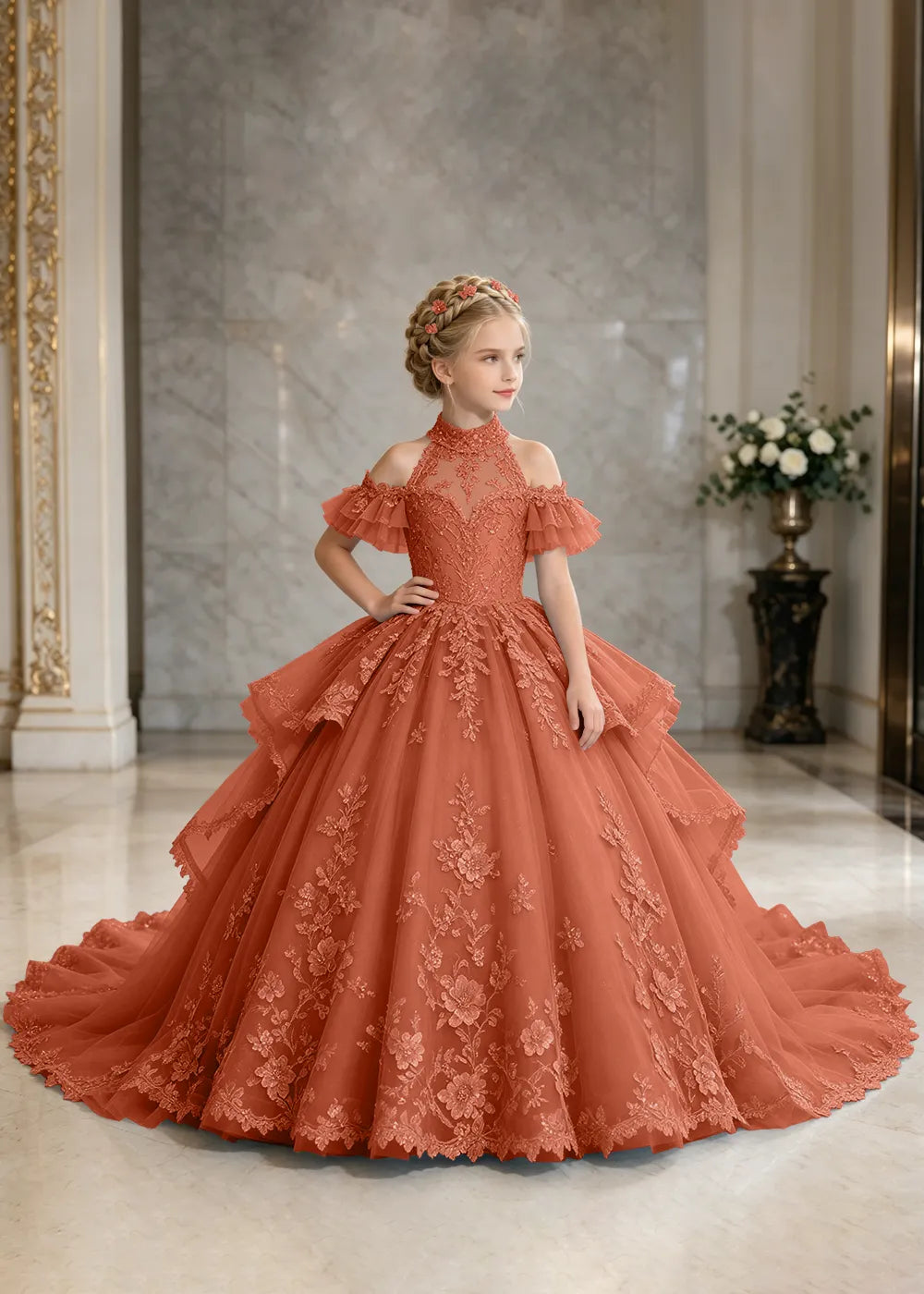Illusion Neck Peplum Lace Princess Dress for Girls