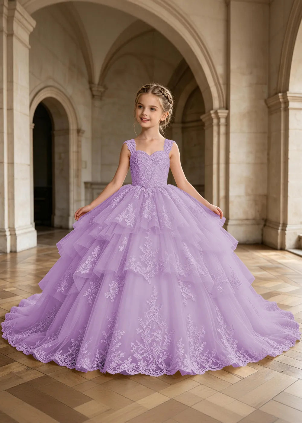 Tiered Lace Sleeveless Flower Girl Ball Gown Dress