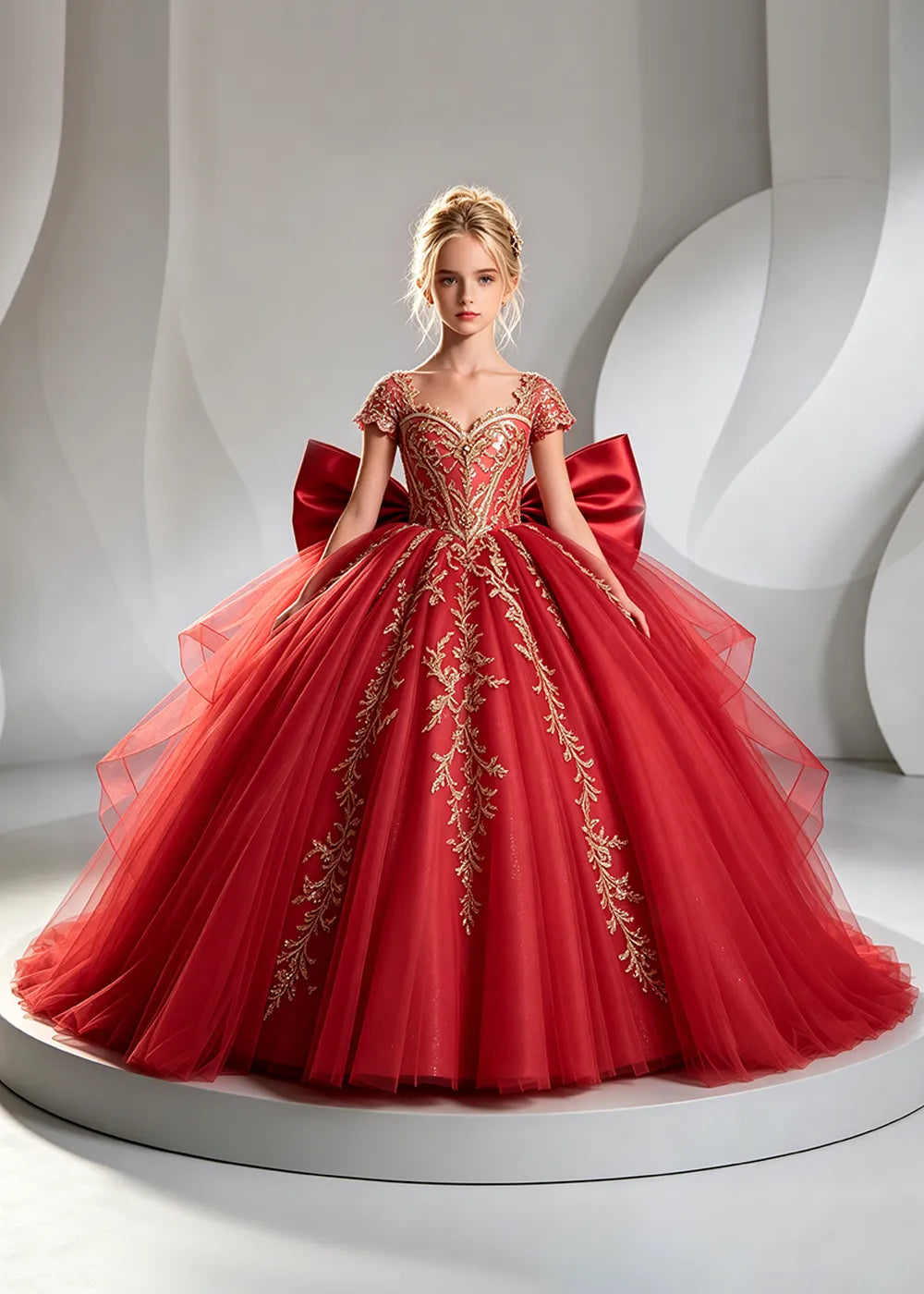 Cap Sleeve Sequin Bodice Flower Girl Dress with Bow and Gold Embroidery