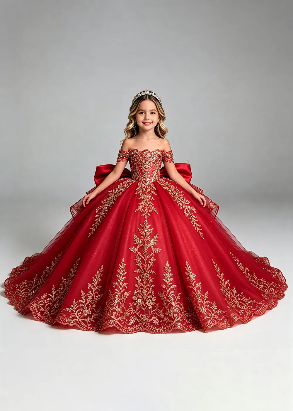 Off-Shoulder Lace Flower Girl Dress with Bow and Scalloped Hem