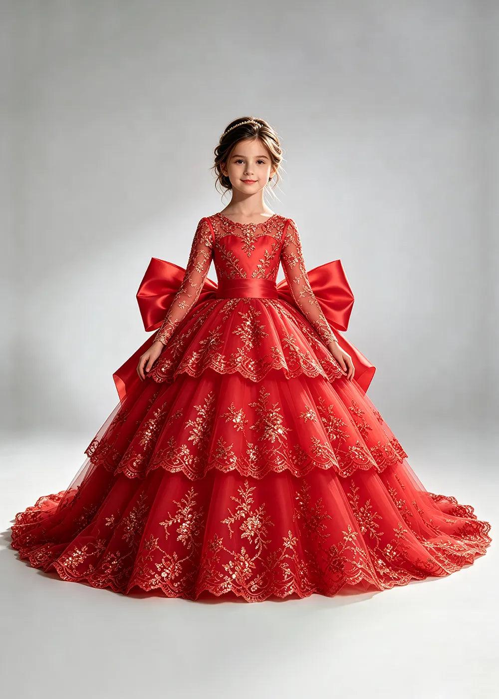 Long Sleeve Lace Flower Girl Dress with Sash Bow and Tiered Skirt