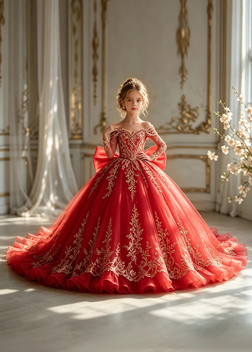 Off-Shoulder Sequin Lace Flower Girl Dress with Bow and Flounced Hem