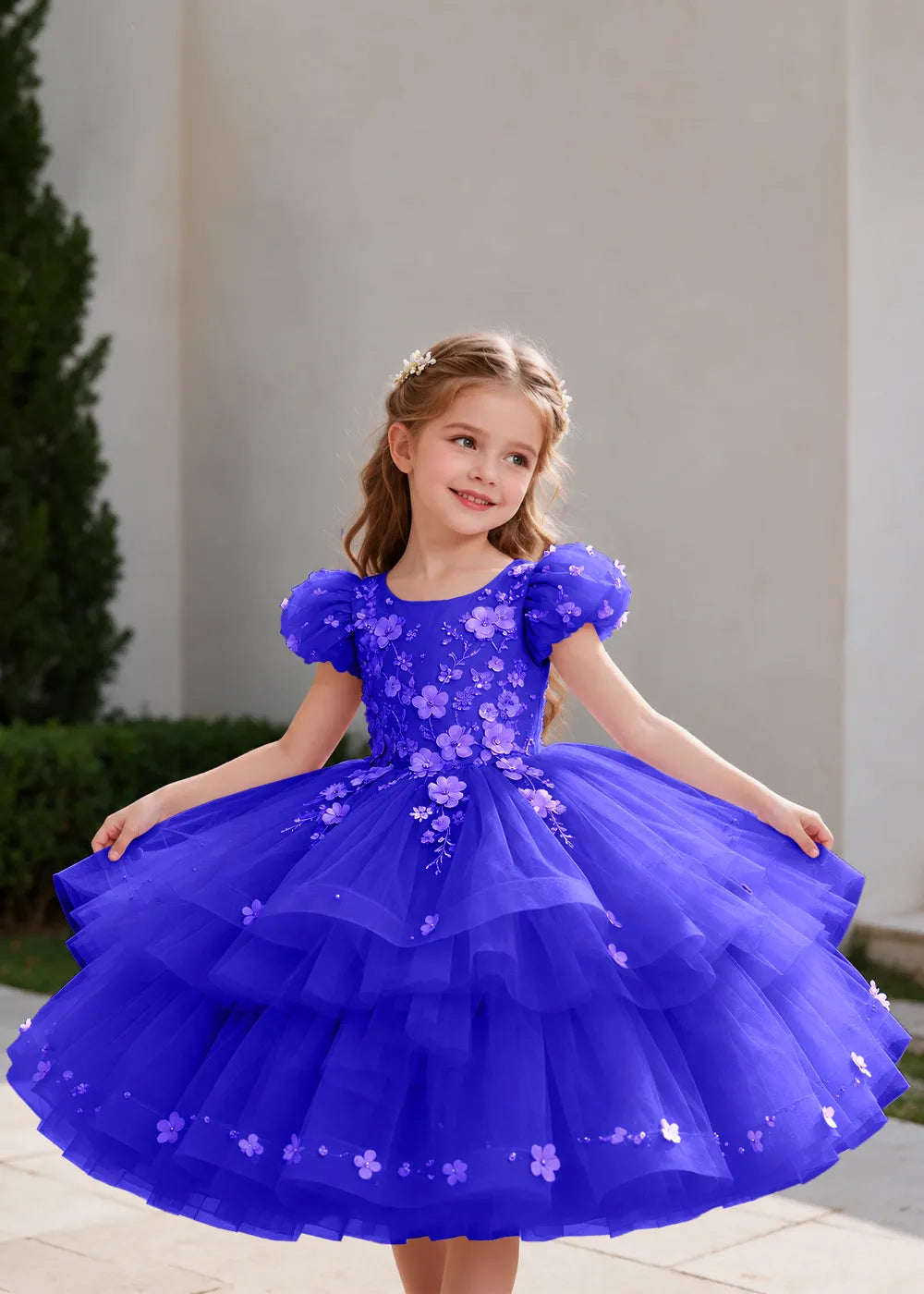 Pink Flower Girl Dress with Floral Trails and Ruffled Hem