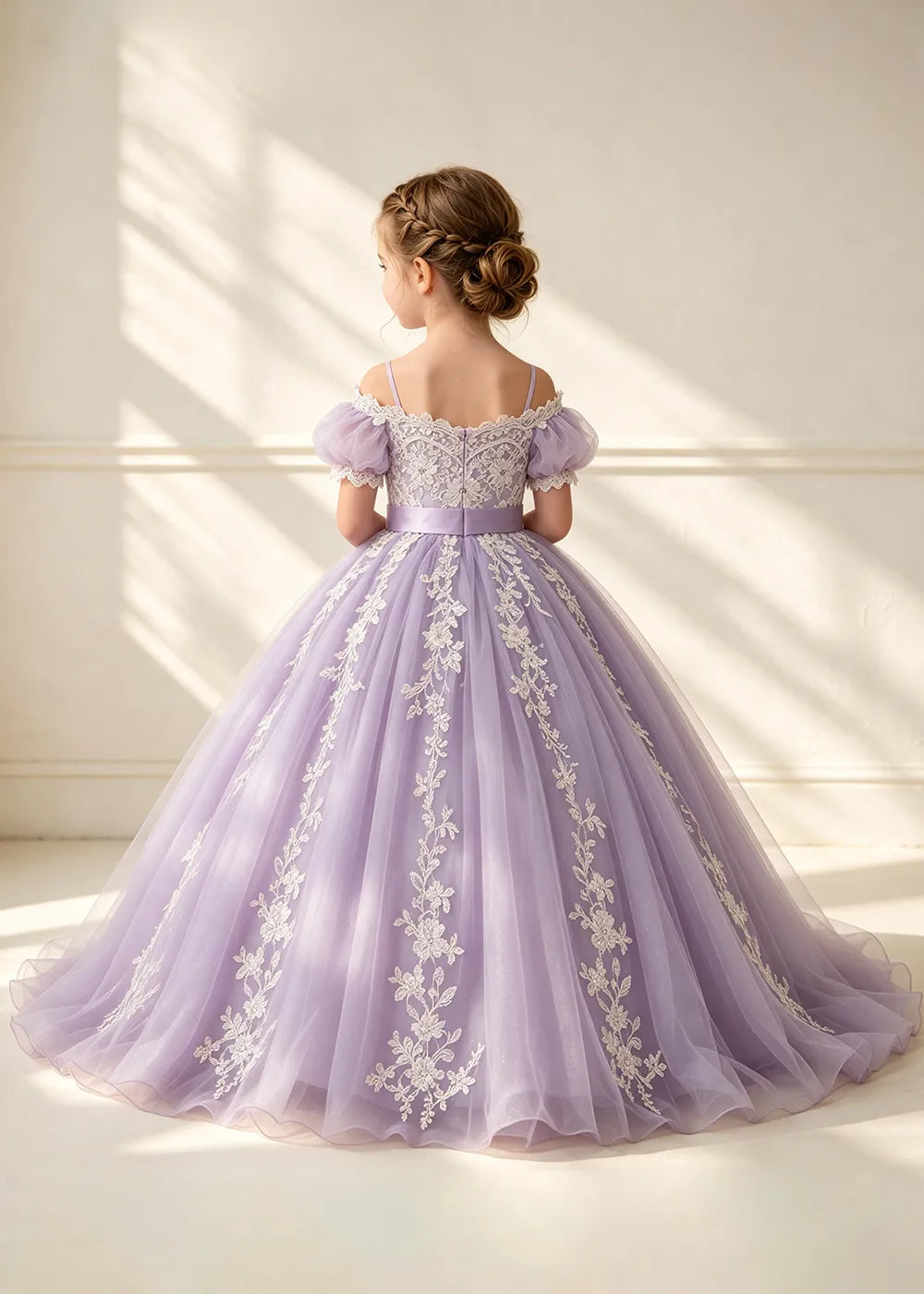 Puff Sleeve Floral Lace Flower Girl Ball Gown Dress
