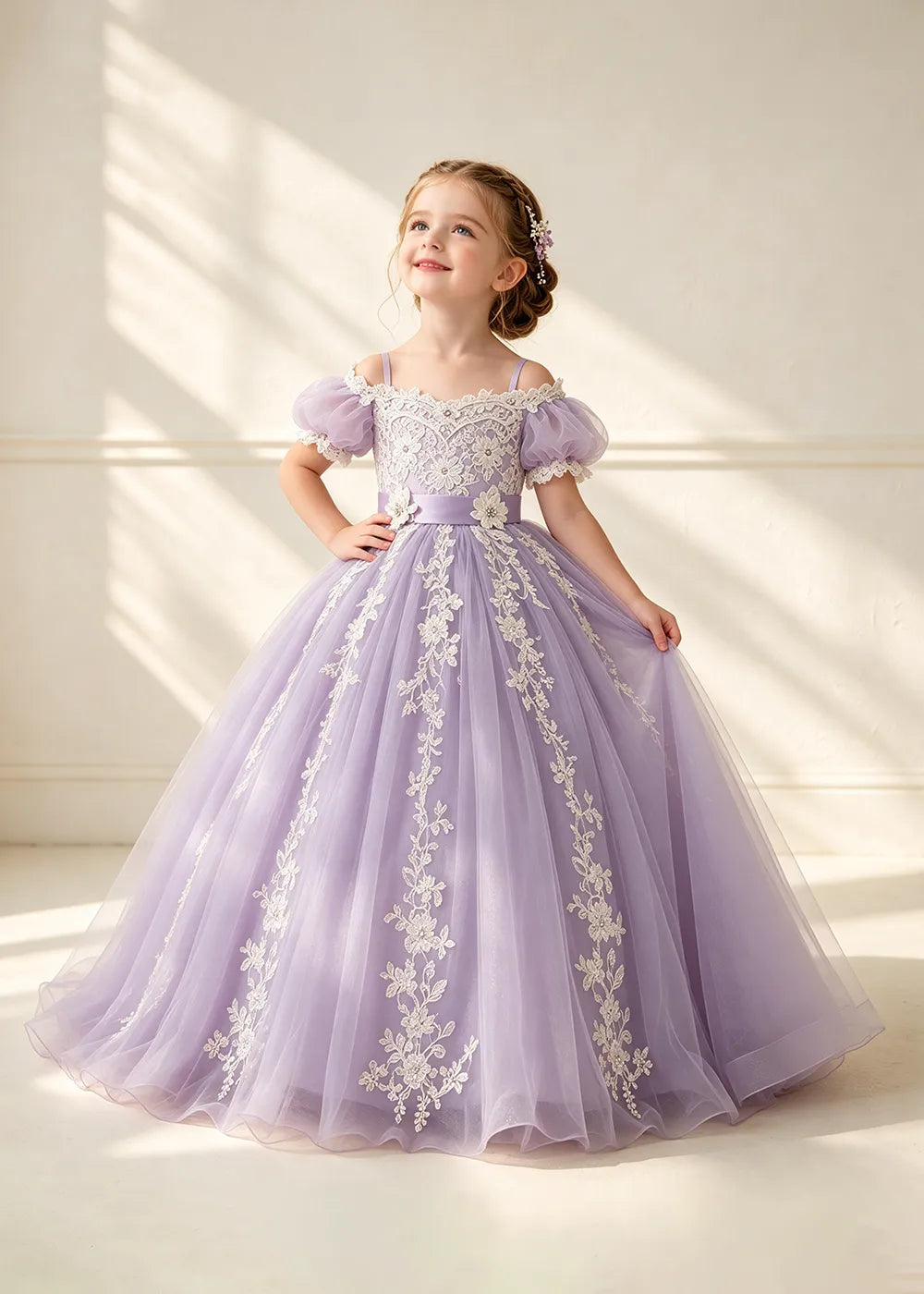 Puff Sleeve Floral Lace Flower Girl Ball Gown Dress