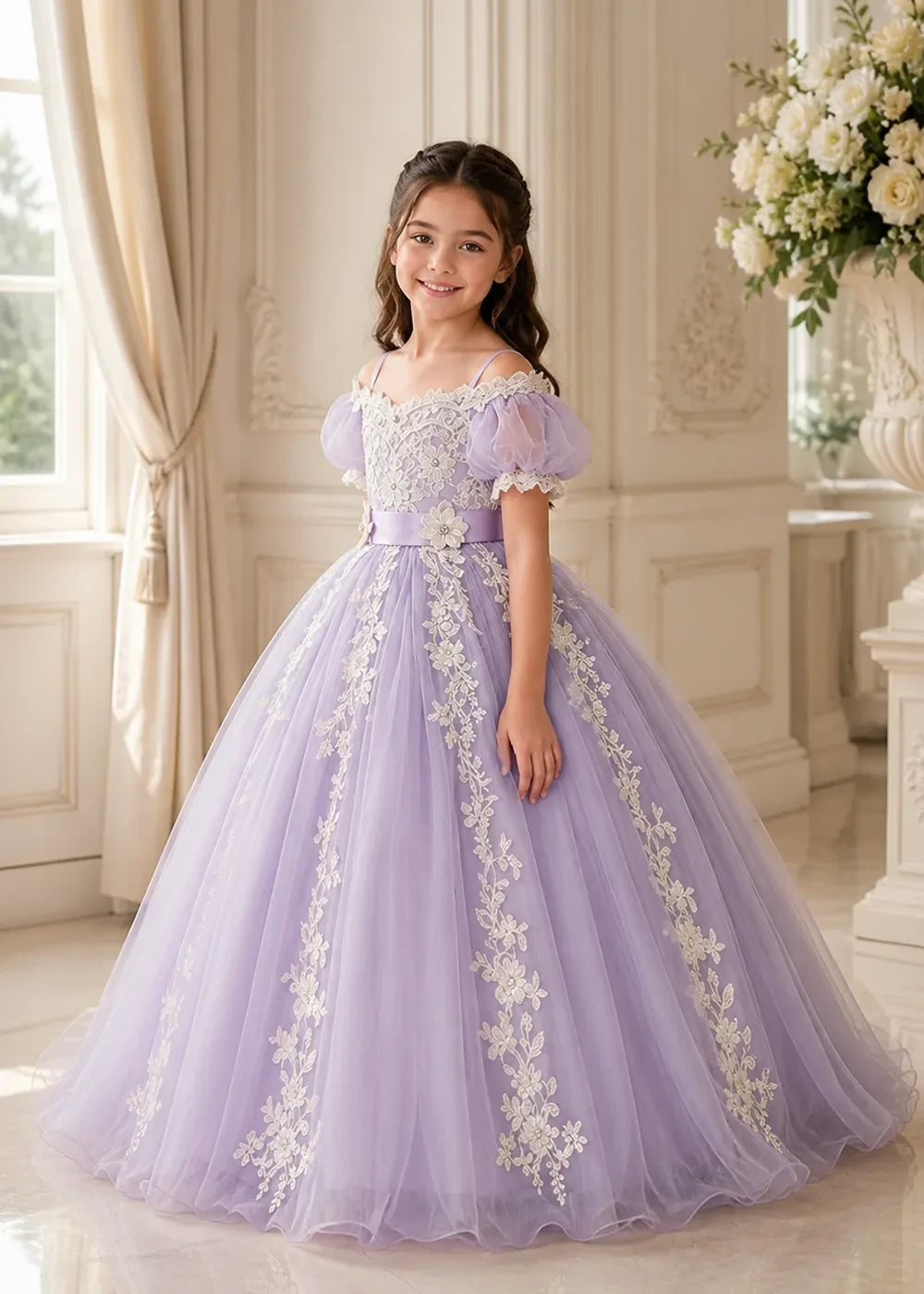 Puff Sleeve Floral Lace Flower Girl Ball Gown Dress