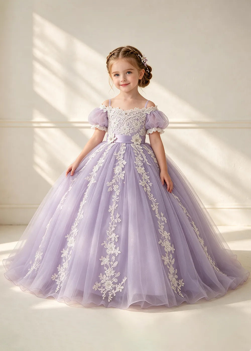 Puff Sleeve Floral Lace Flower Girl Ball Gown Dress