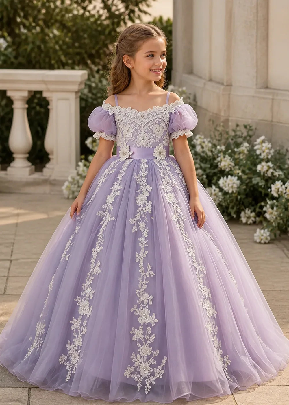 Puff Sleeve Floral Lace Flower Girl Ball Gown Dress