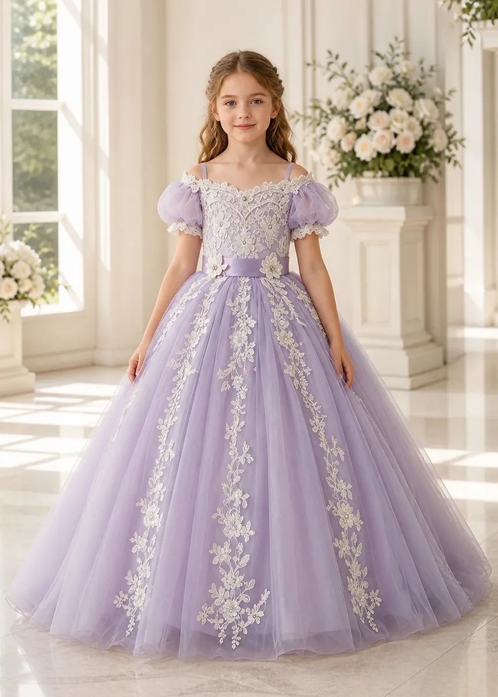 Puff Sleeve Floral Lace Flower Girl Ball Gown Dress