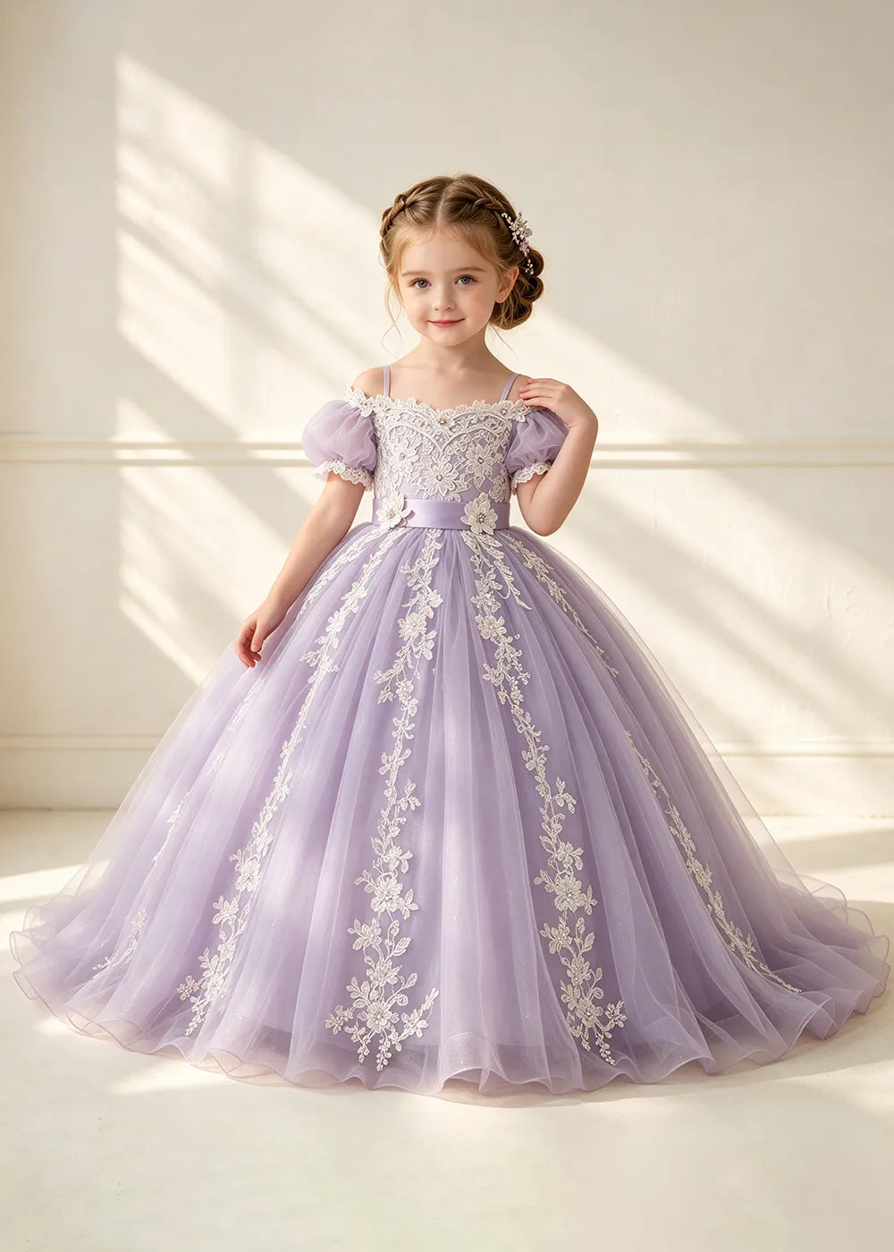 Puff Sleeve Floral Lace Flower Girl Ball Gown Dress