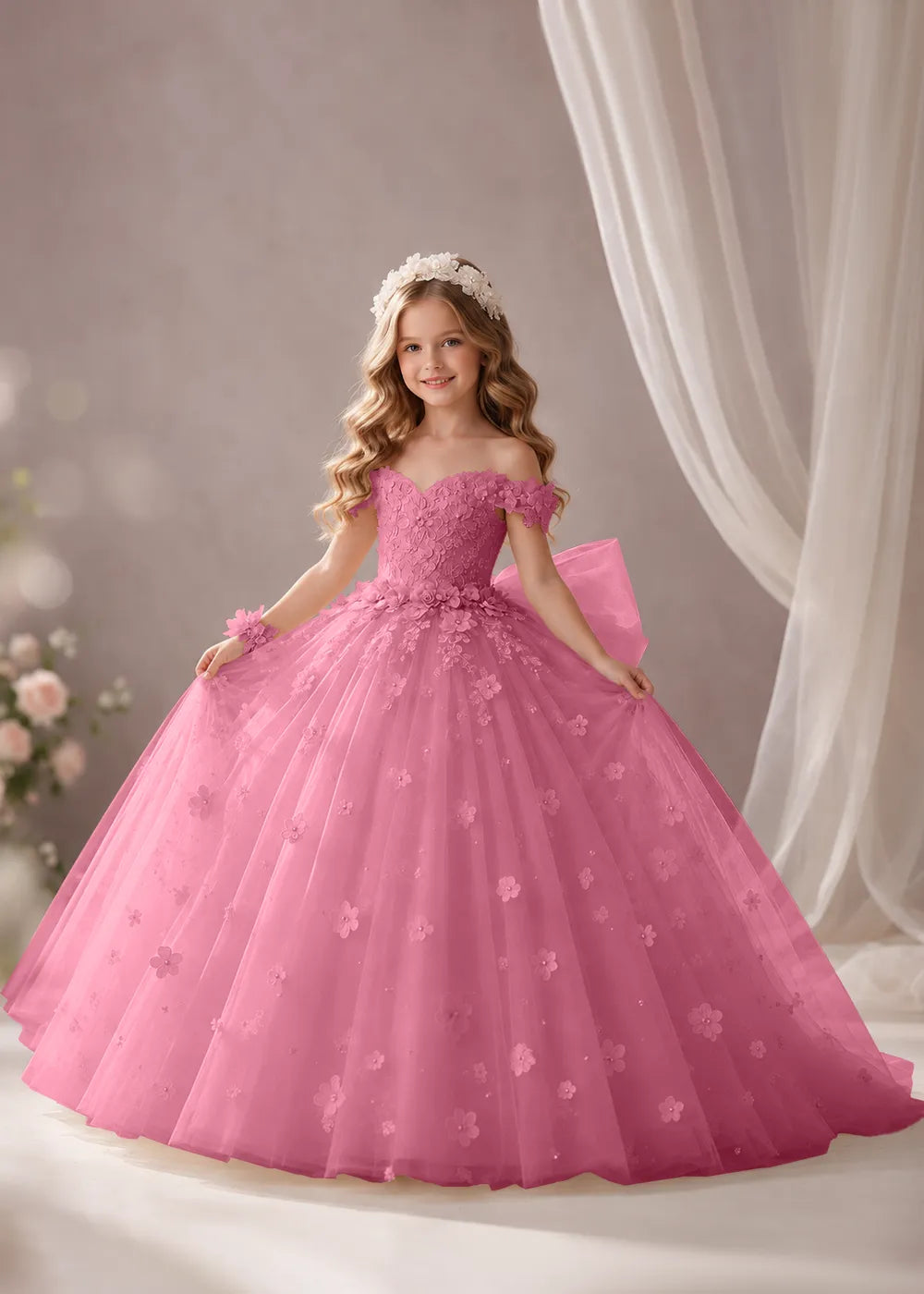 Pink Flower Girl Dress with Floral Appliques and a Full Skirt