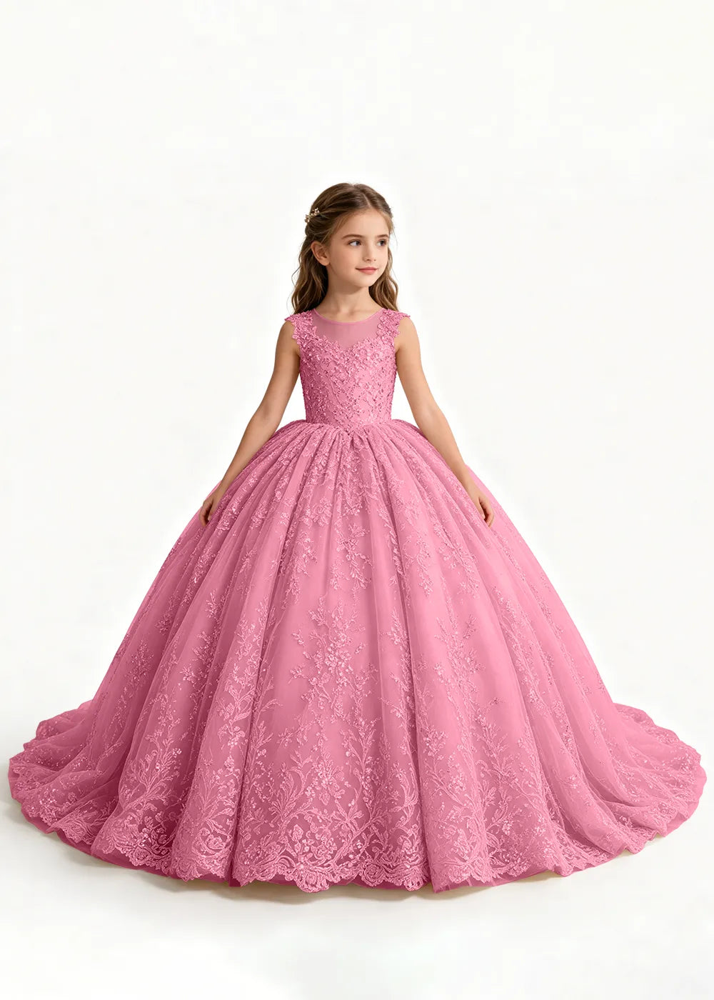 Champagne Flower Girl Gown with Floral Lace and Train