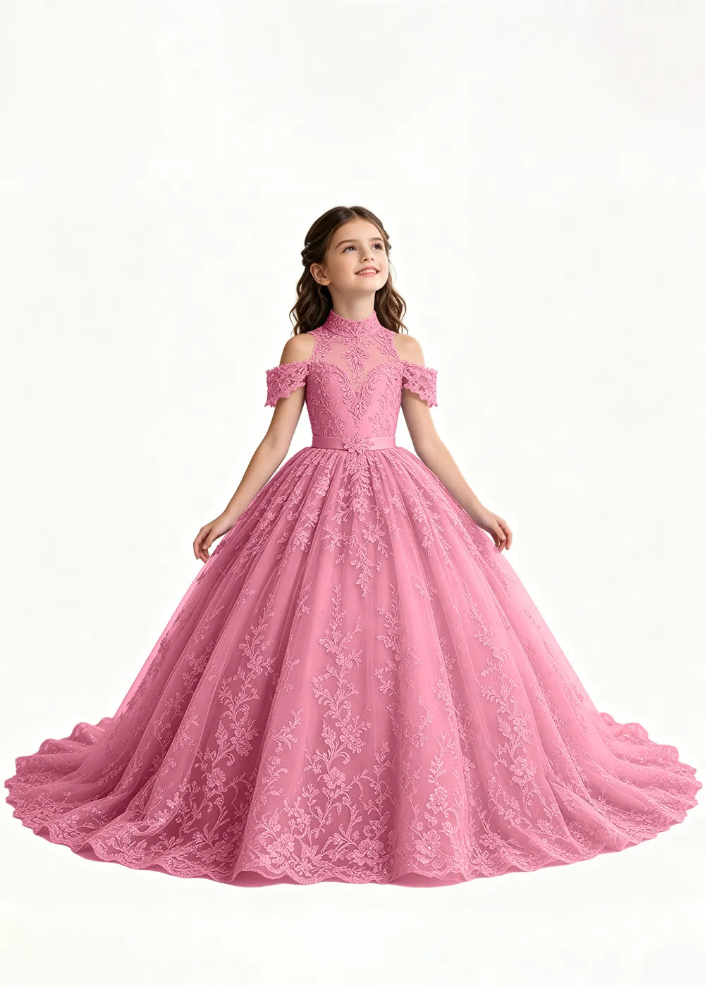 Lavender Flower Girl Gown with Floral Neckline and Train